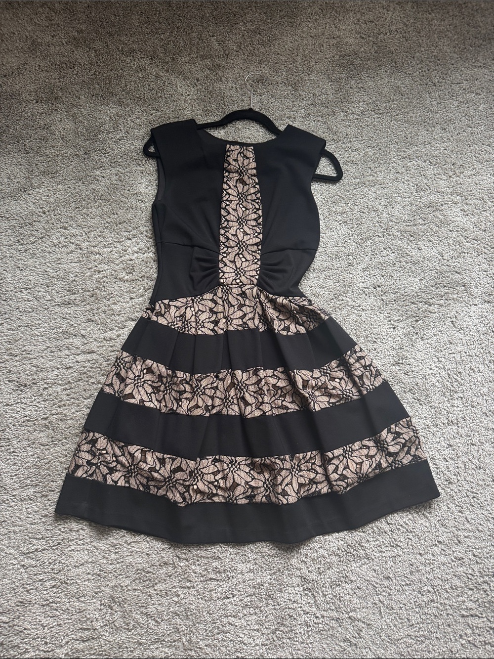 Black and Nude Lace-Striped Fit & Flare Mini Dress